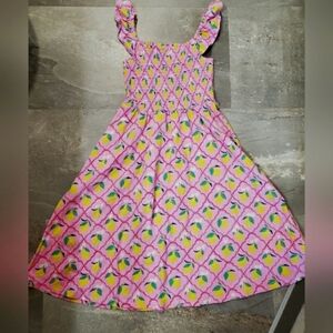 Mini Boden Summer Dress. Cotton. Smocked Torso. Pink. Lemon Print. Kid 9-10 yo.